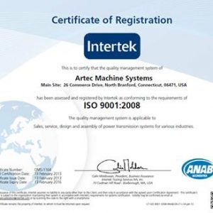 Artec Machine Systems Is Proud To Announce It Is Now Certified As An ISO 9001:2008 Compliant Organization